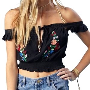 WINSTON WHITE Malia Top Off Shoulder Crop Black Floral Embroidery Women's S Boho